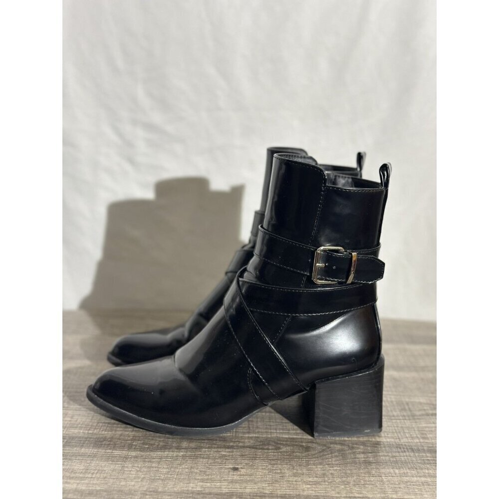 Nasty Gal Faux Patent Leather Buckle Strap Ankle Combat Boots - size 6